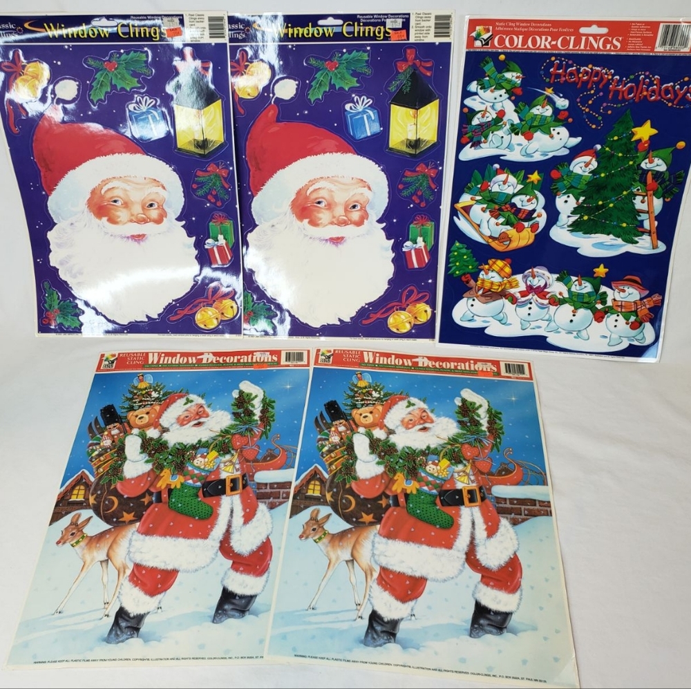 Five (5) BRAND NEW Vtg Sheets Christmas Holiday STATIC CLING Window Decorations
